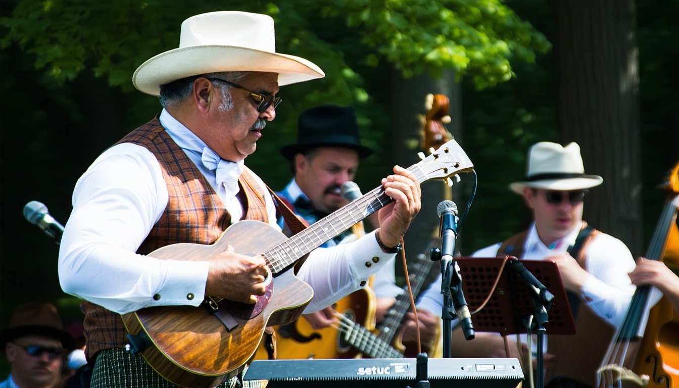 Band member playing a musical saw during a quirky bluegrass set