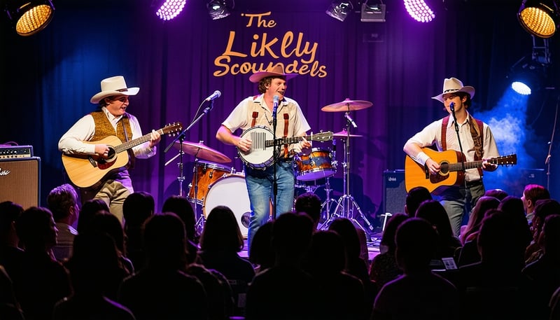 The Likely Scoundrels performing live with washboard, banjo, saw, and homemade instruments.